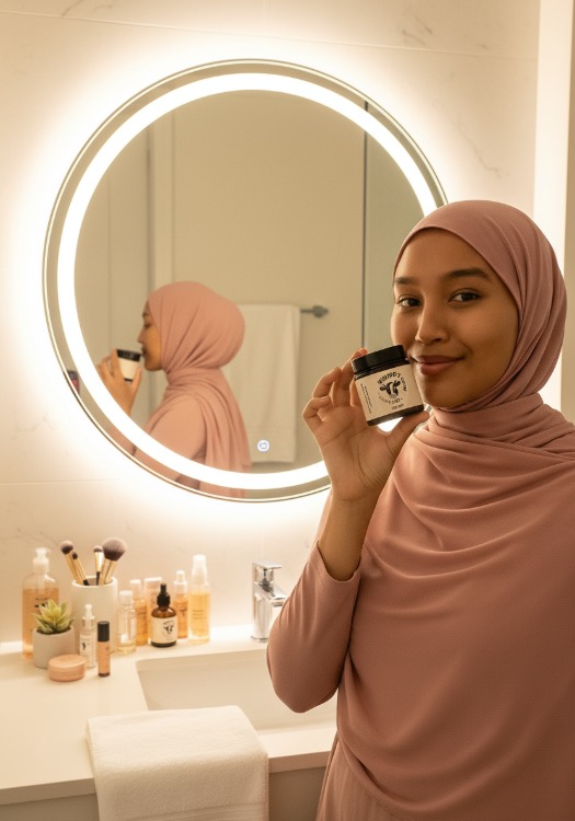 Person holding a jar of cream in a bathroom, with products on the counter.