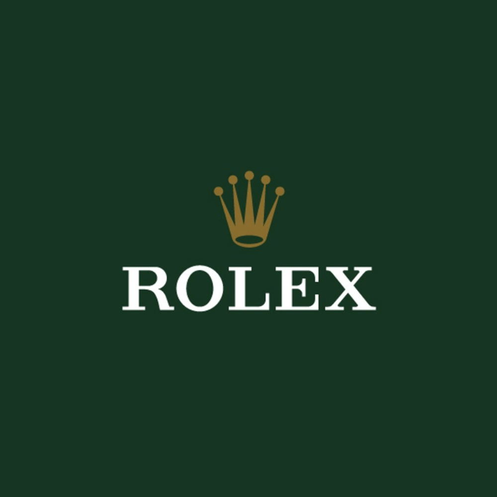 Rolex logo with crown emblem on a dark green background.