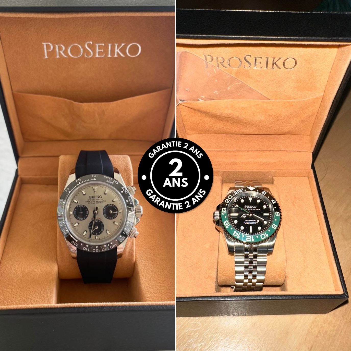 Two Seiko watches in boxes labeled ProSeiko, with a '2-year warranty' badge.