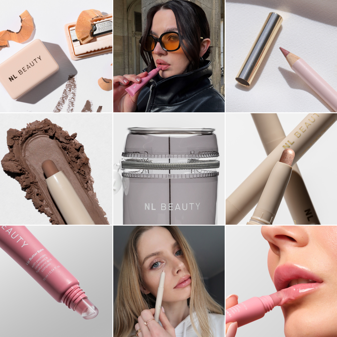 A photo collage showing NL Beauty makeup products, including lip pencils, balms, and women applying them.
