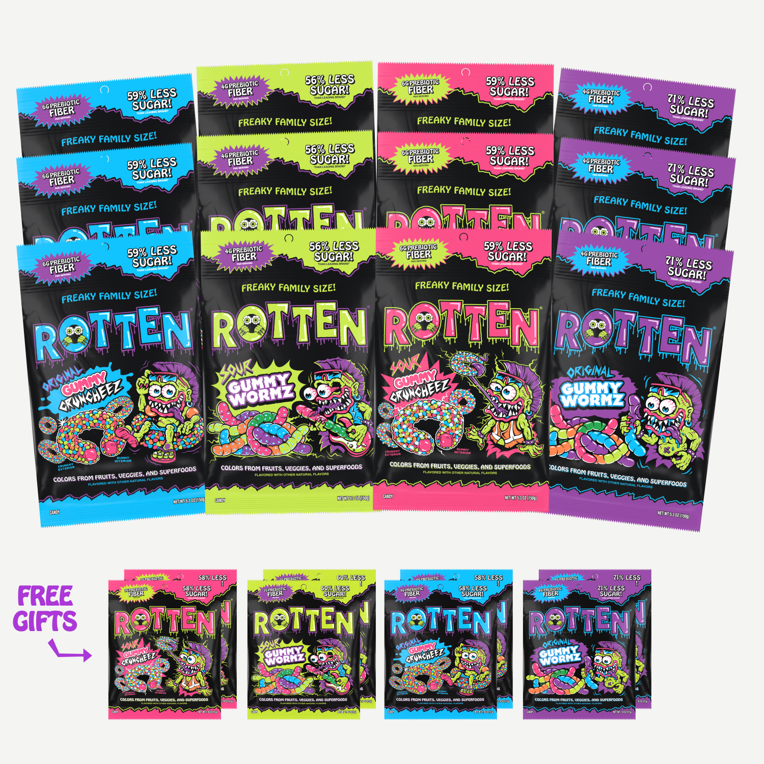 An assortment of colorful ROTTEN brand gummy candy bags in family size and smaller 'free gifts' size.