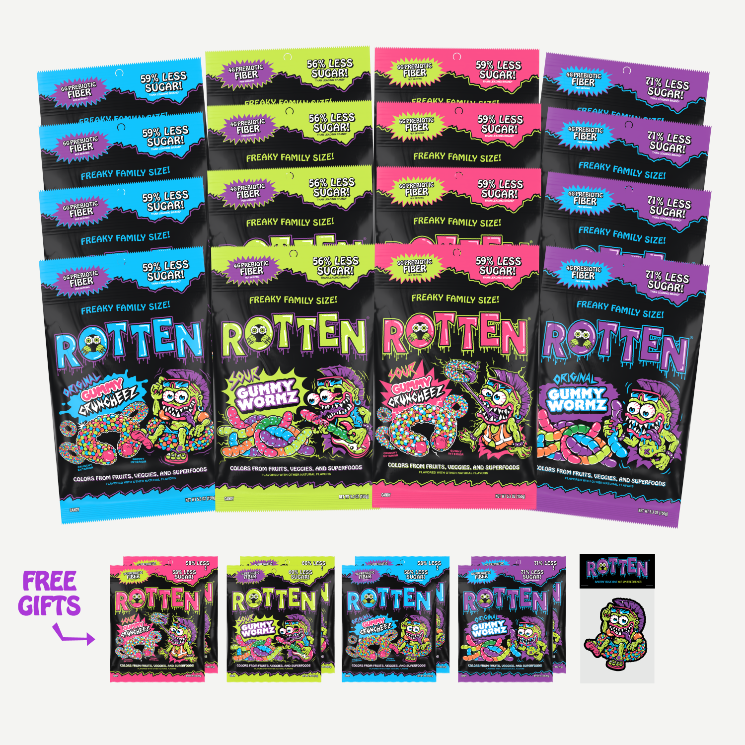 An assortment of colorful 'Rotten' brand gummy candy packages with smaller 'Free Gifts' bags and a sticker below.