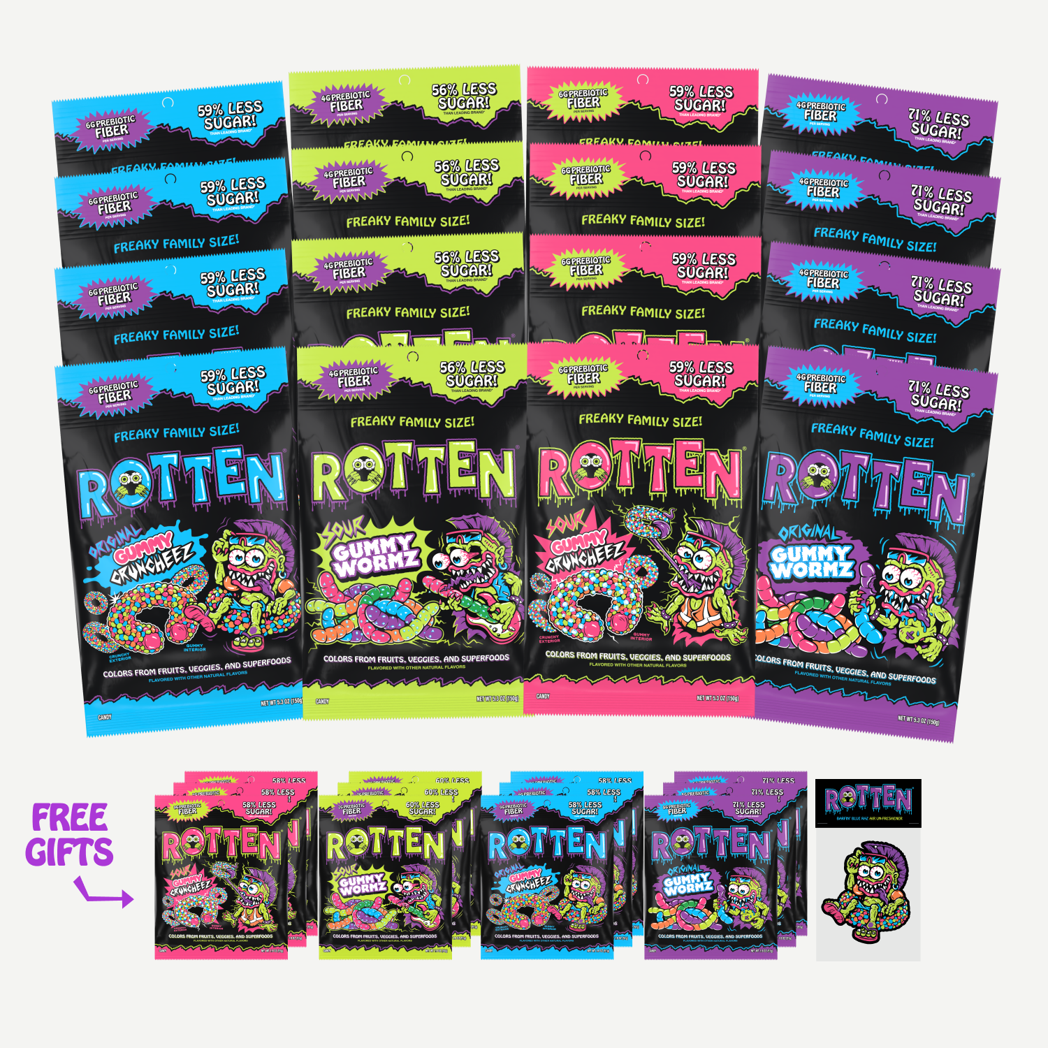 An assortment of colorful 'Rotten' brand gummy candy packages in various sizes and flavors.