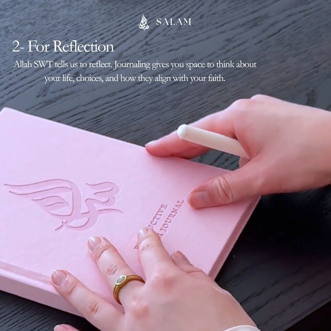 Hands holding a pink journal with text about reflection and faith.