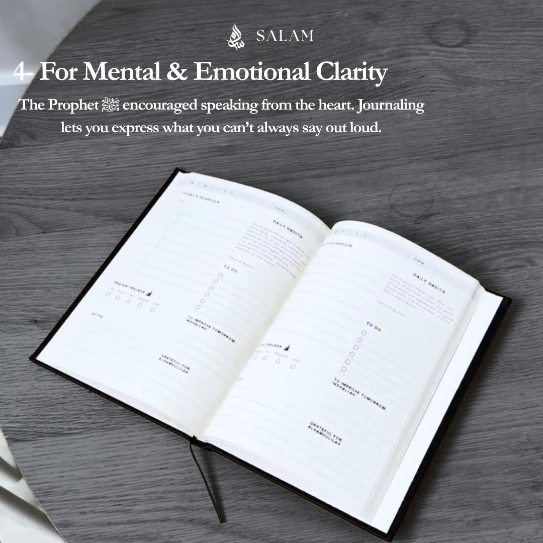 Open journal on a wooden table with text about mental clarity.