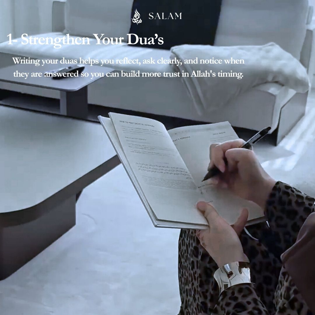 Person writing in a notebook on a couch, text overlay about strengthening prayers.