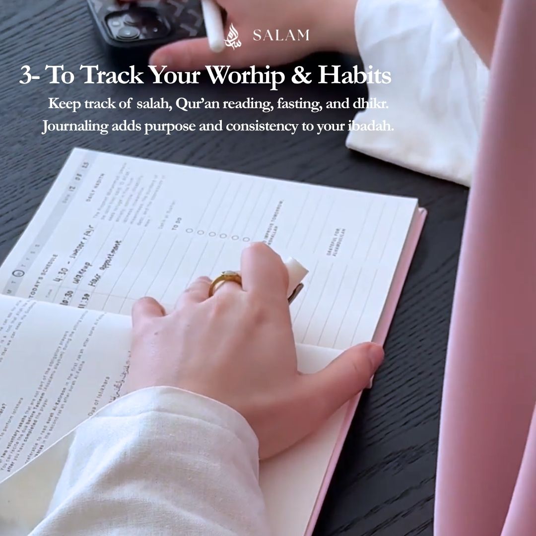 Person writing in a journal with text about tracking worship and habits.