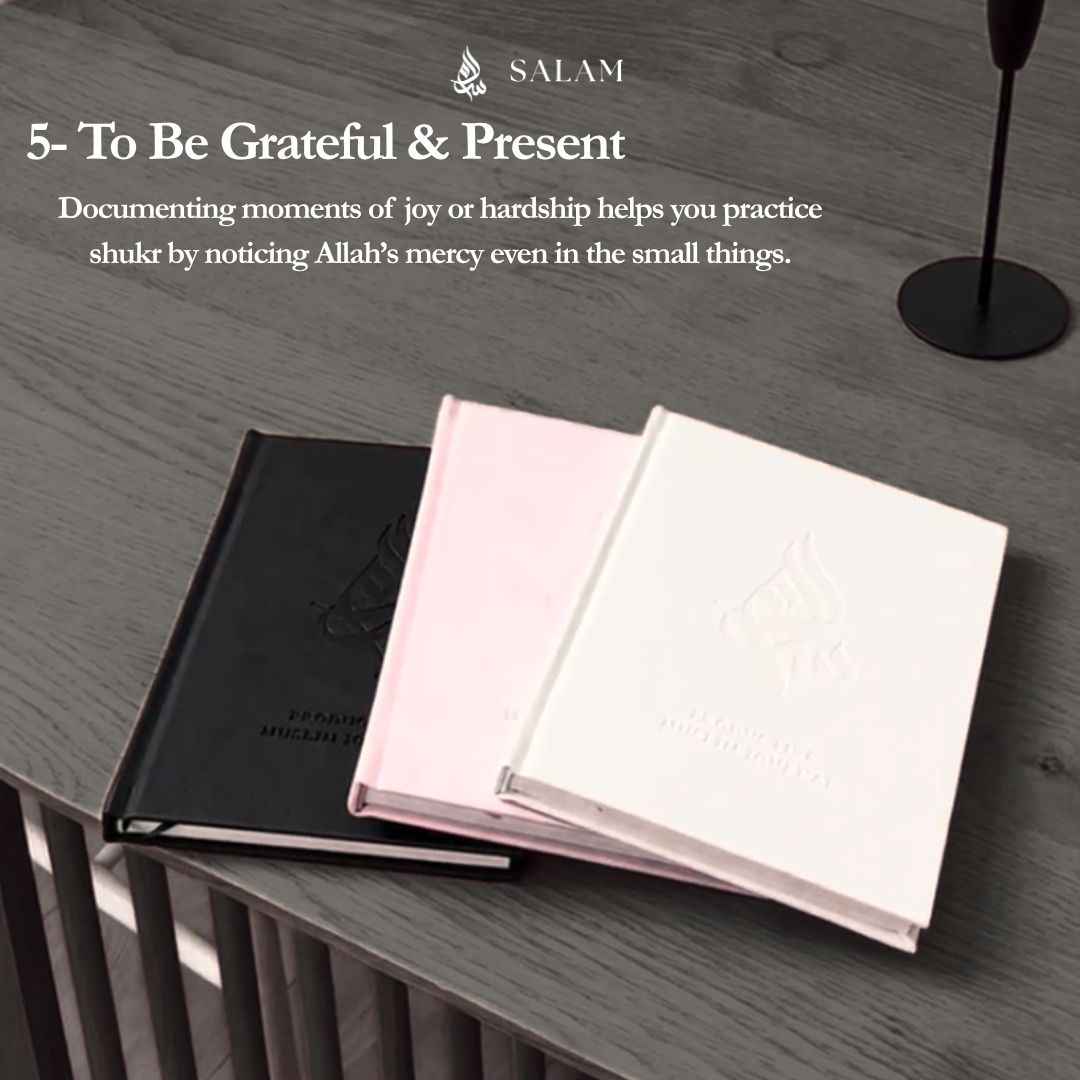 Three journals on a wooden table with text about gratitude and presence.