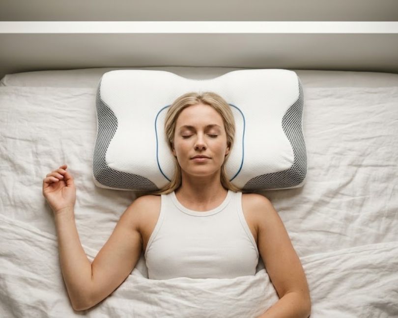 An overhead shot of a woman sleeping on her back on a contoured pillow.