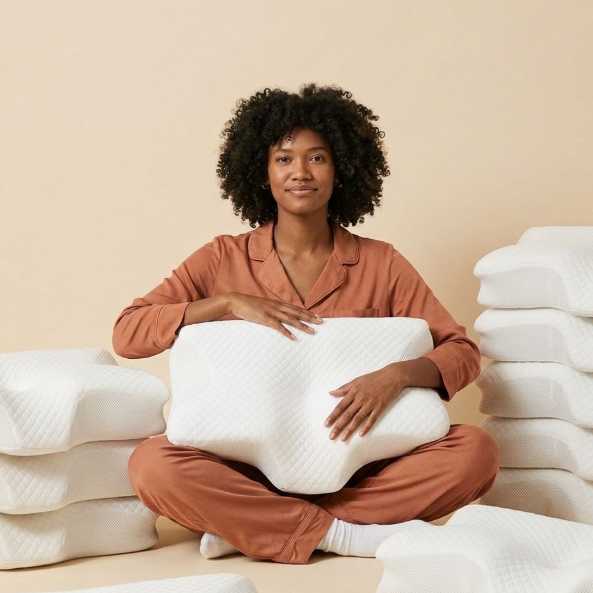 A woman in pajamas sits cross-legged on the floor, holding a white contoured pillow amidst stacks of more pillows.