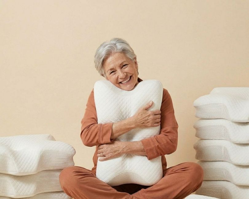 A smiling older woman sits cross-legged, hugging a white contoured pillow, with stacks of pillows around her.