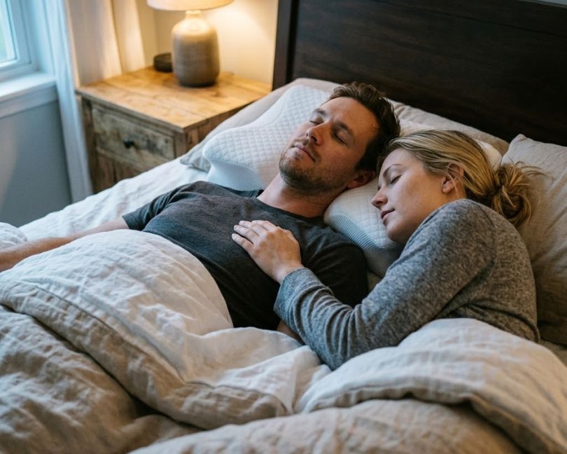 A man and a woman sleeping peacefully side-by-side in a bed.