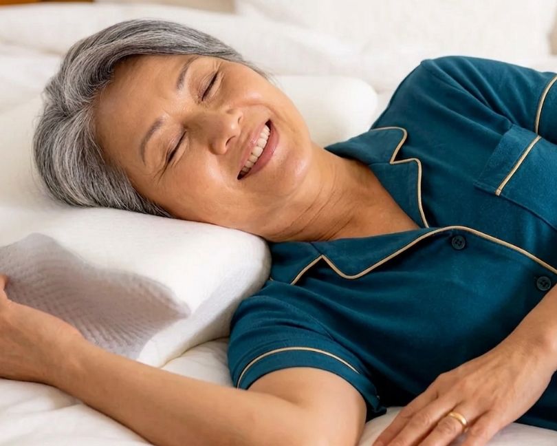 An older woman with gray hair smiles with her eyes closed while lying in bed on a pillow.