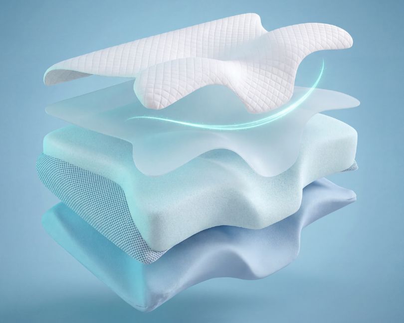 An exploded view showing the multiple layers and different materials of a contoured pillow against a light blue background.