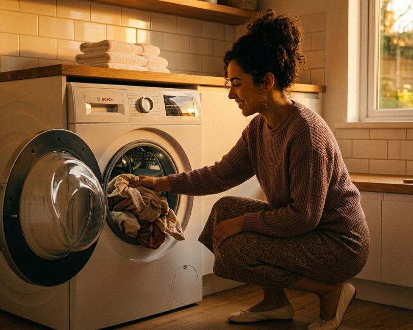 A smiling woman with curly hair crouches to put laundry into a white front-loading washing machine.