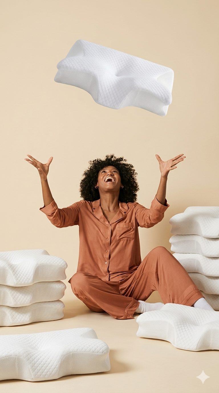 A woman in pajamas sits happily among many white pillows, tossing one into the air.