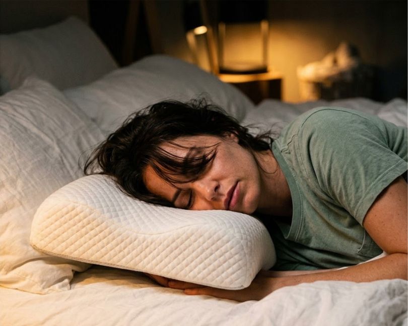 A person sleeps on their side in a bed, resting their head on a white, quilted, contoured pillow.