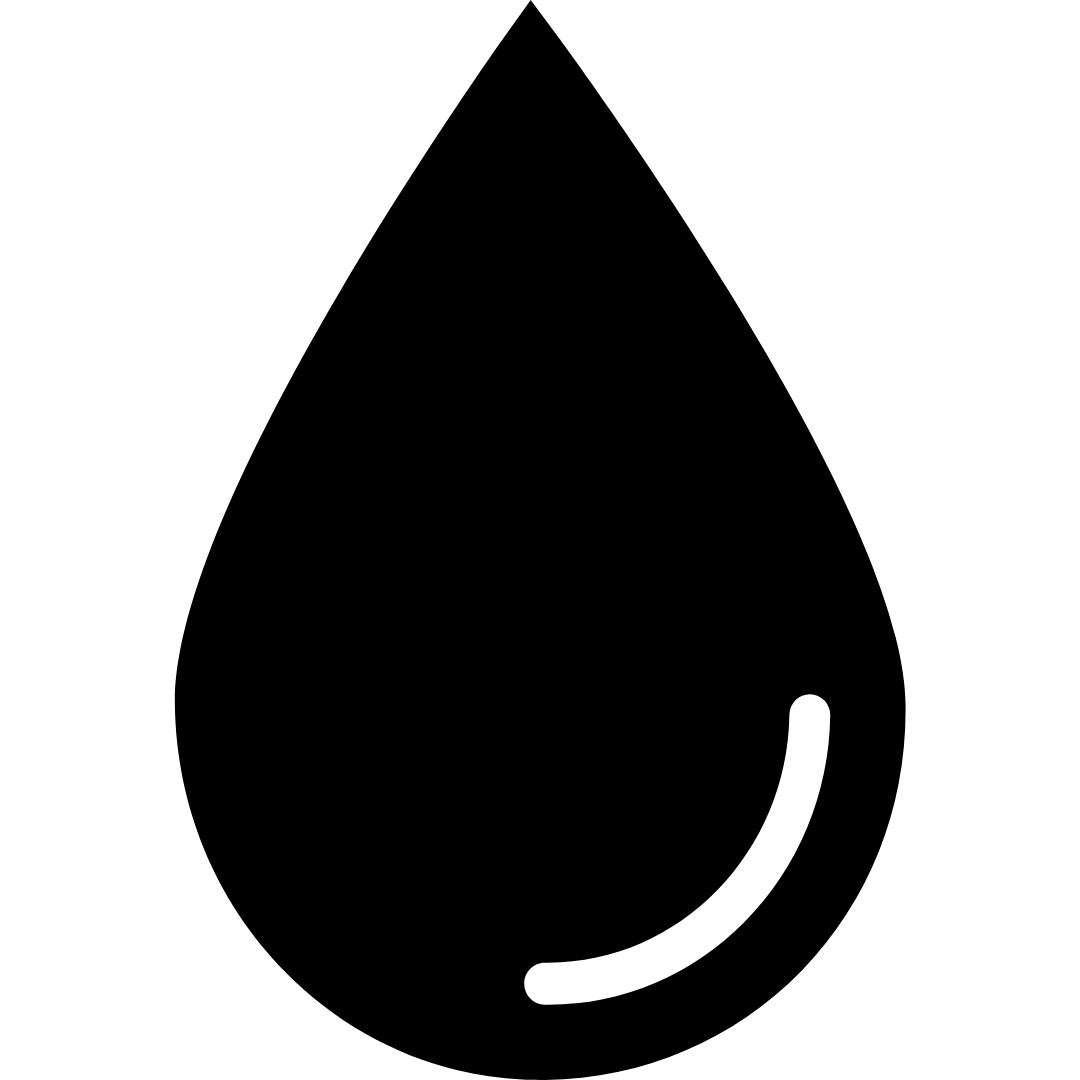 A solid black droplet icon with a white highlight on the lower right.