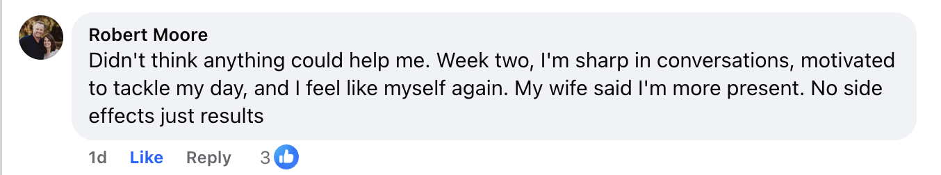 A social media comment by Robert Moore about feeling sharp, motivated, and like himself again.
