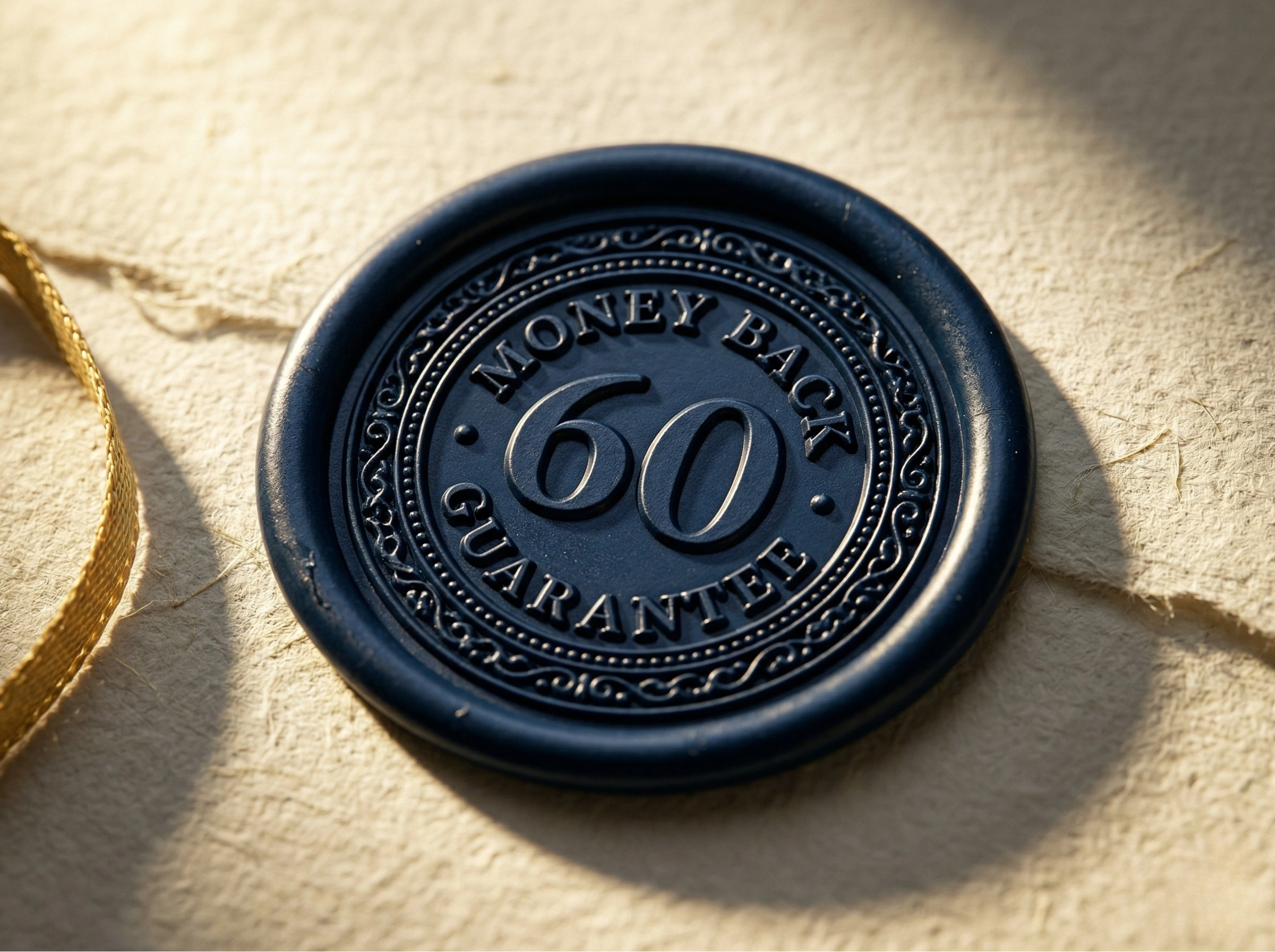 A close-up of a dark blue wax seal on paper, reading '60 Money Back Guarantee'.