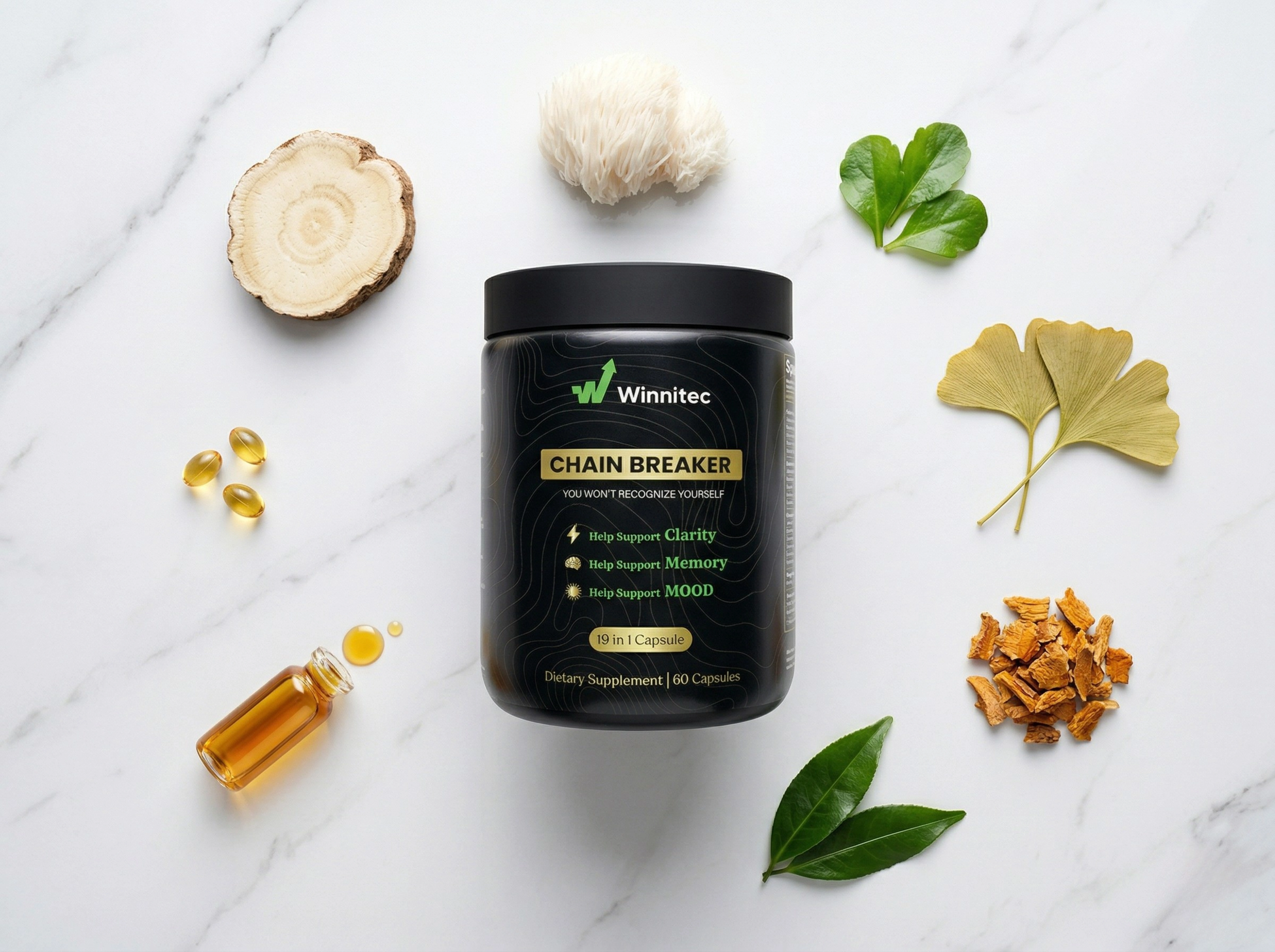 A bottle of Winnitec Chain Breaker supplement surrounded by its various natural ingredients on a marble surface.