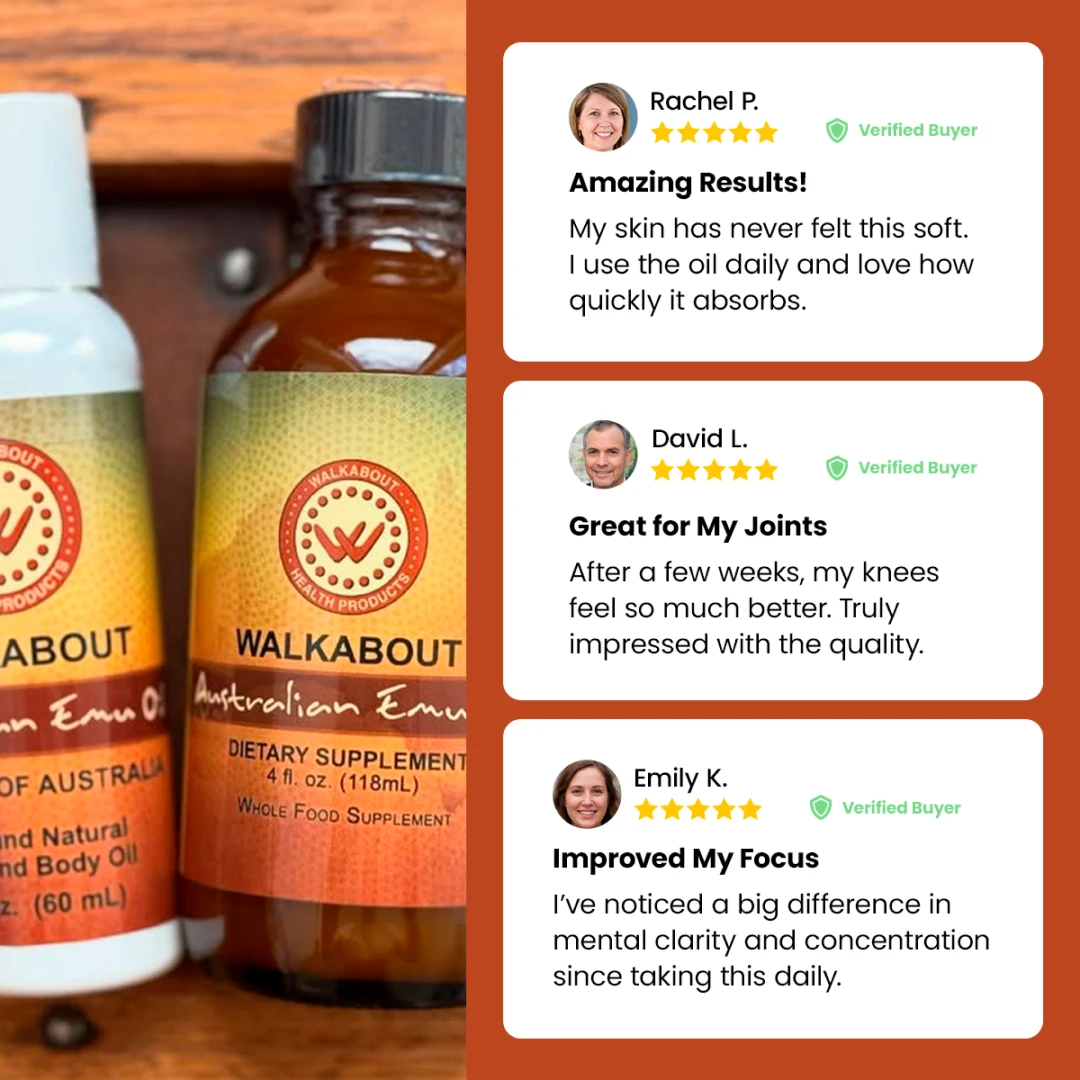 Bottles of Walkabout Emu Oil with customer reviews displayed next to them.