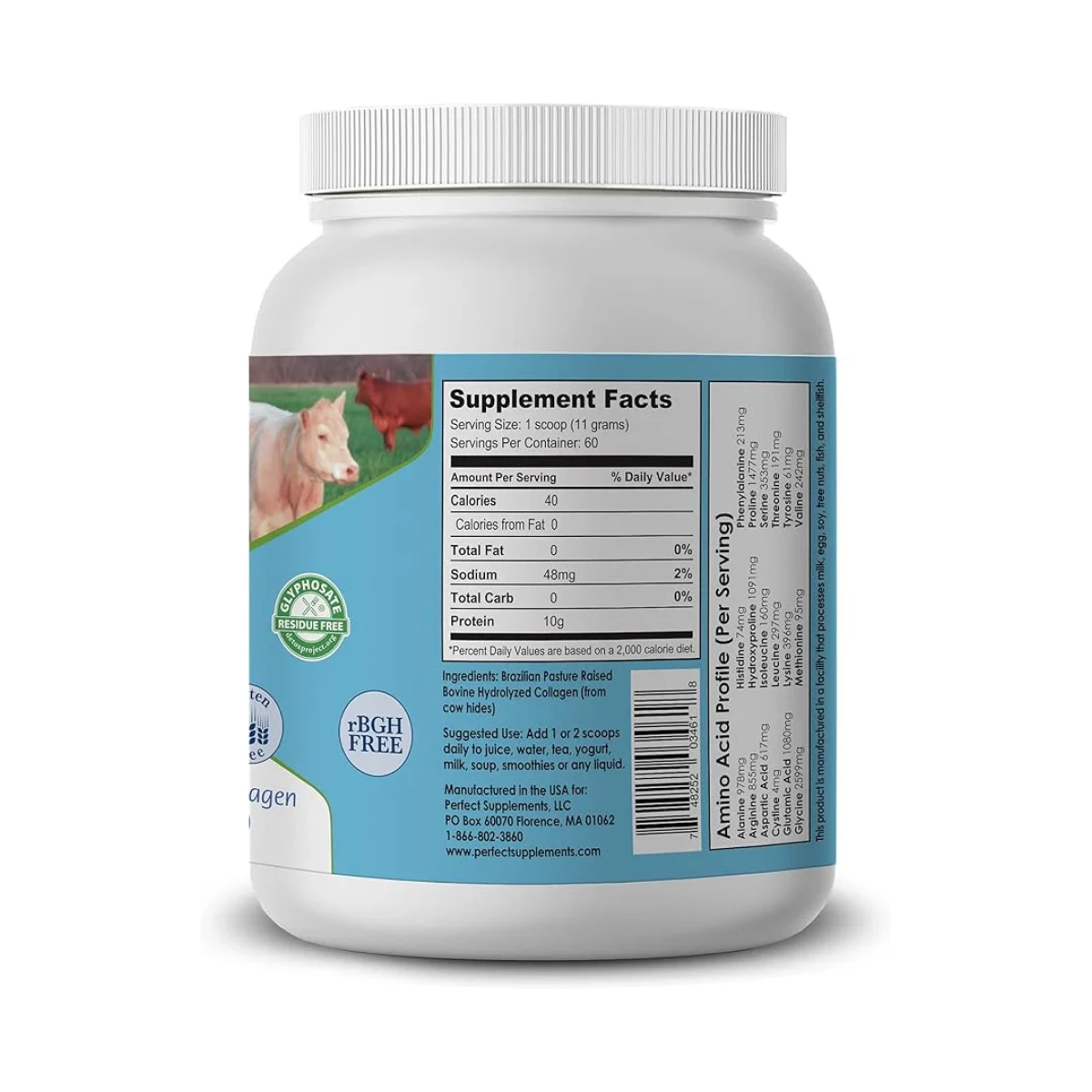 The back of a white supplement bottle showing the supplement facts and amino acid profile.