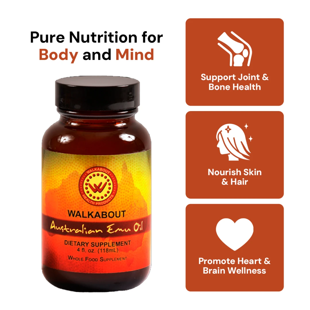 Bottle of Walkabout Australian Emu Oil with health benefits text.