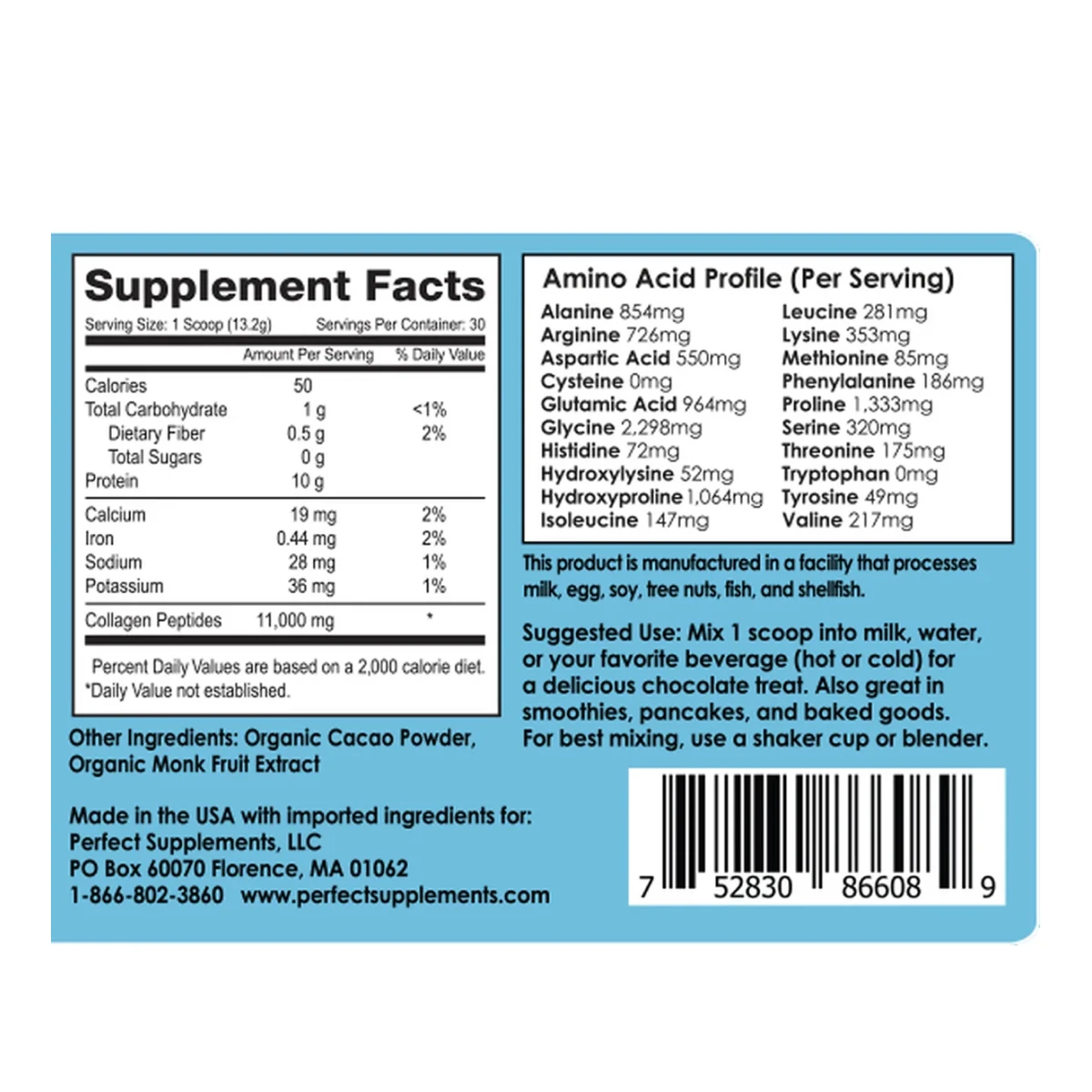 The nutritional information label for a supplement, showing supplement facts, amino acid profile, and ingredients.
