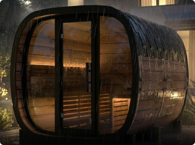 Wooden barrel sauna in rainy outdoor setting with soft interior lighting.