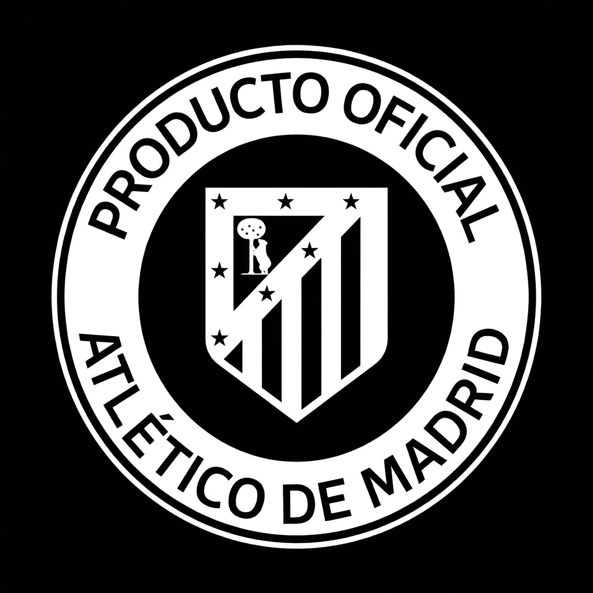 A black and white circular logo for Atlético de Madrid that says 'Producto Oficial'.