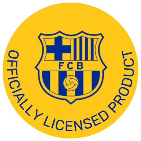 A yellow circular seal with the FCB crest that reads 'Officially Licensed Product' in blue text.