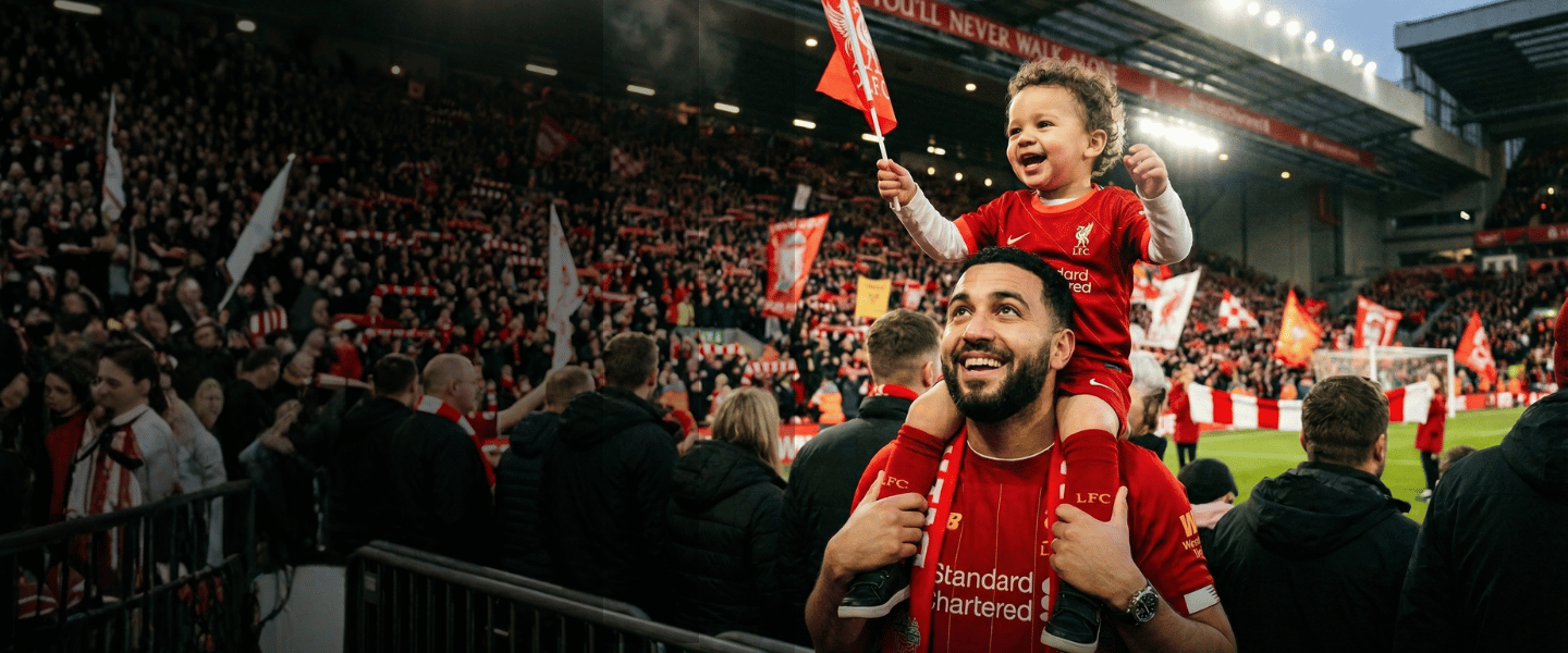 A smiling man carrying a happy child on his shoulders in a crowded stadium, both wearing red jerseys.