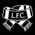 A white line drawing of a striped scarf on a black background with the letters L.F.C. on it.