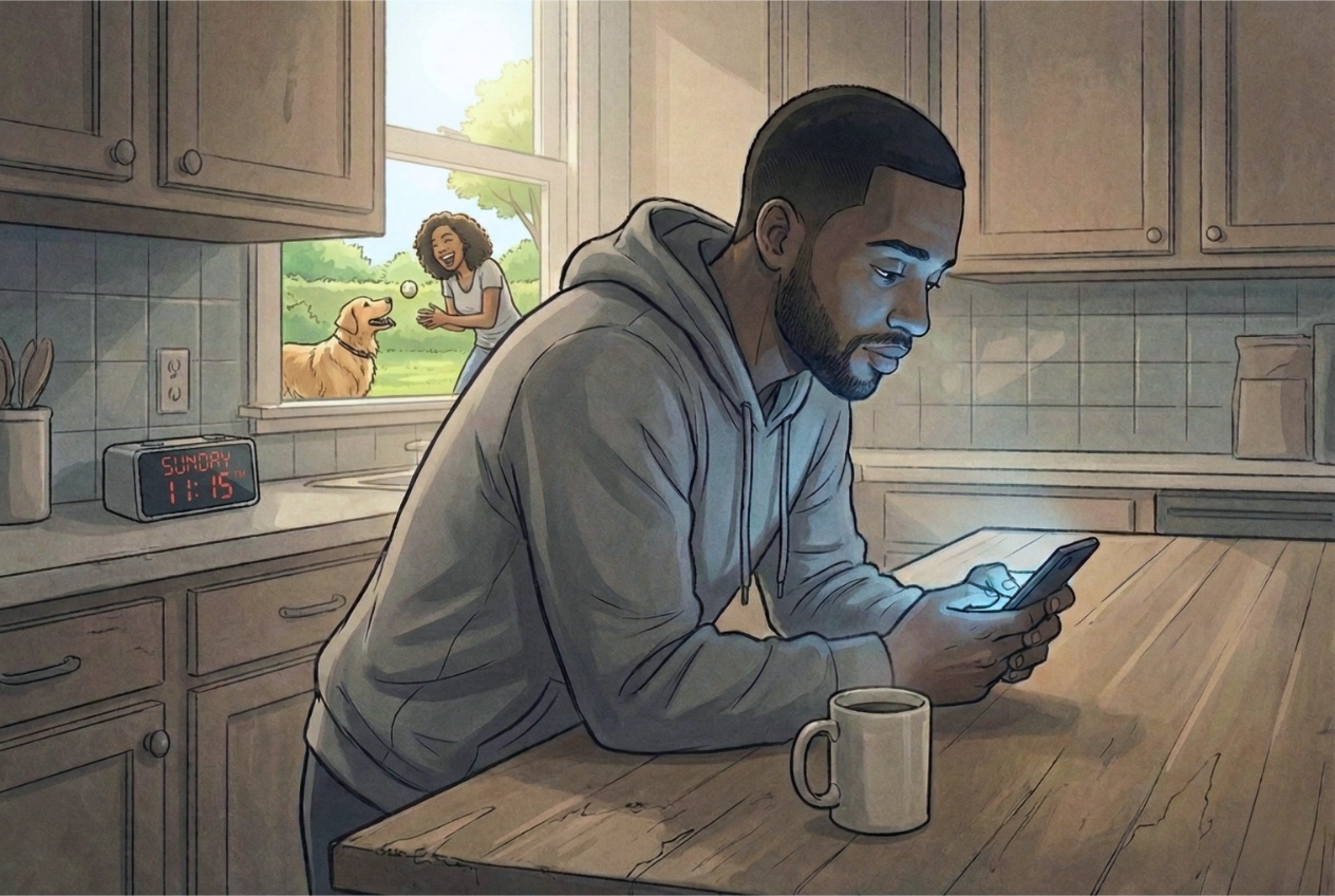 Man using phone in kitchen, woman playing with dog outside window.