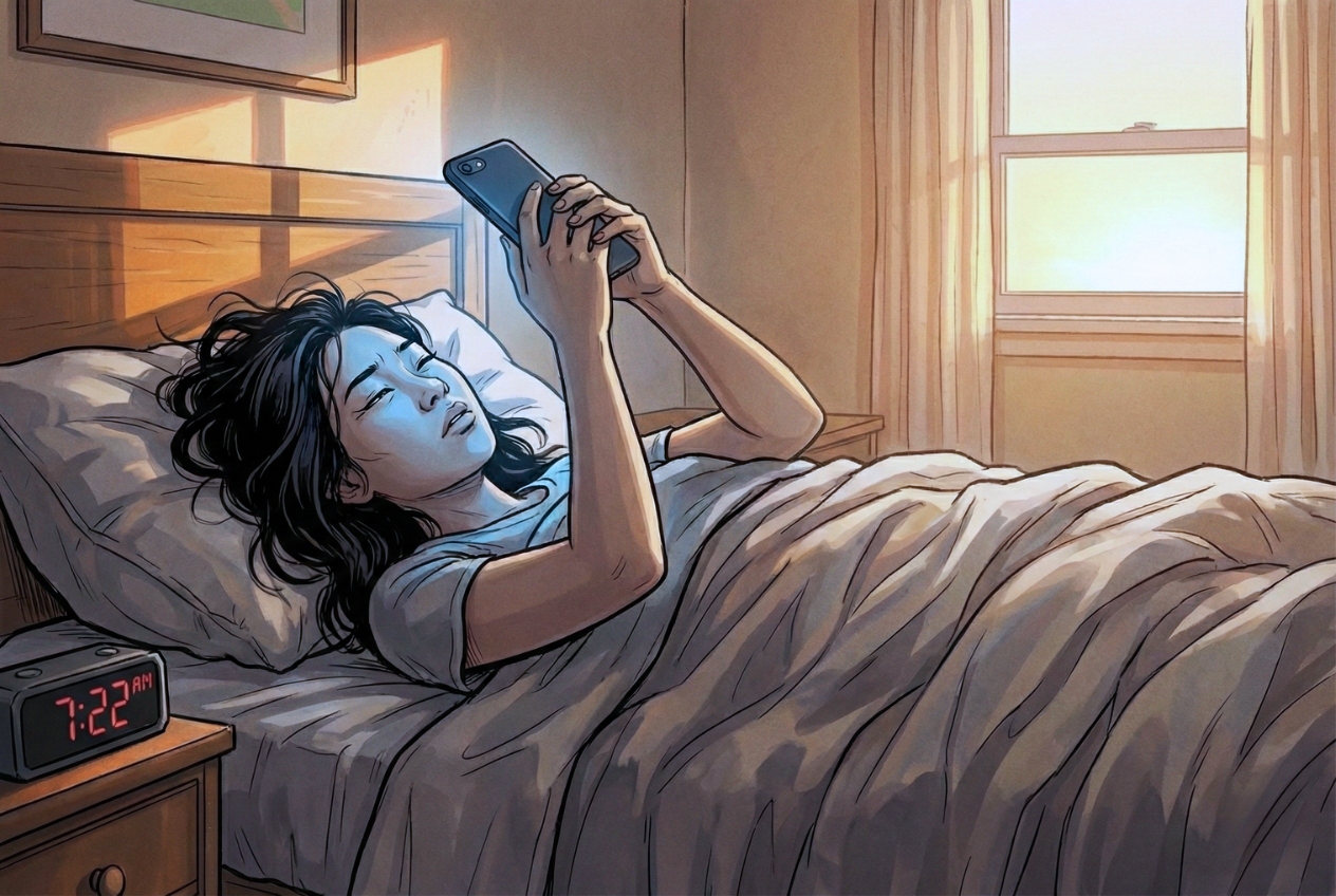 Person lying in bed using a smartphone at sunrise.