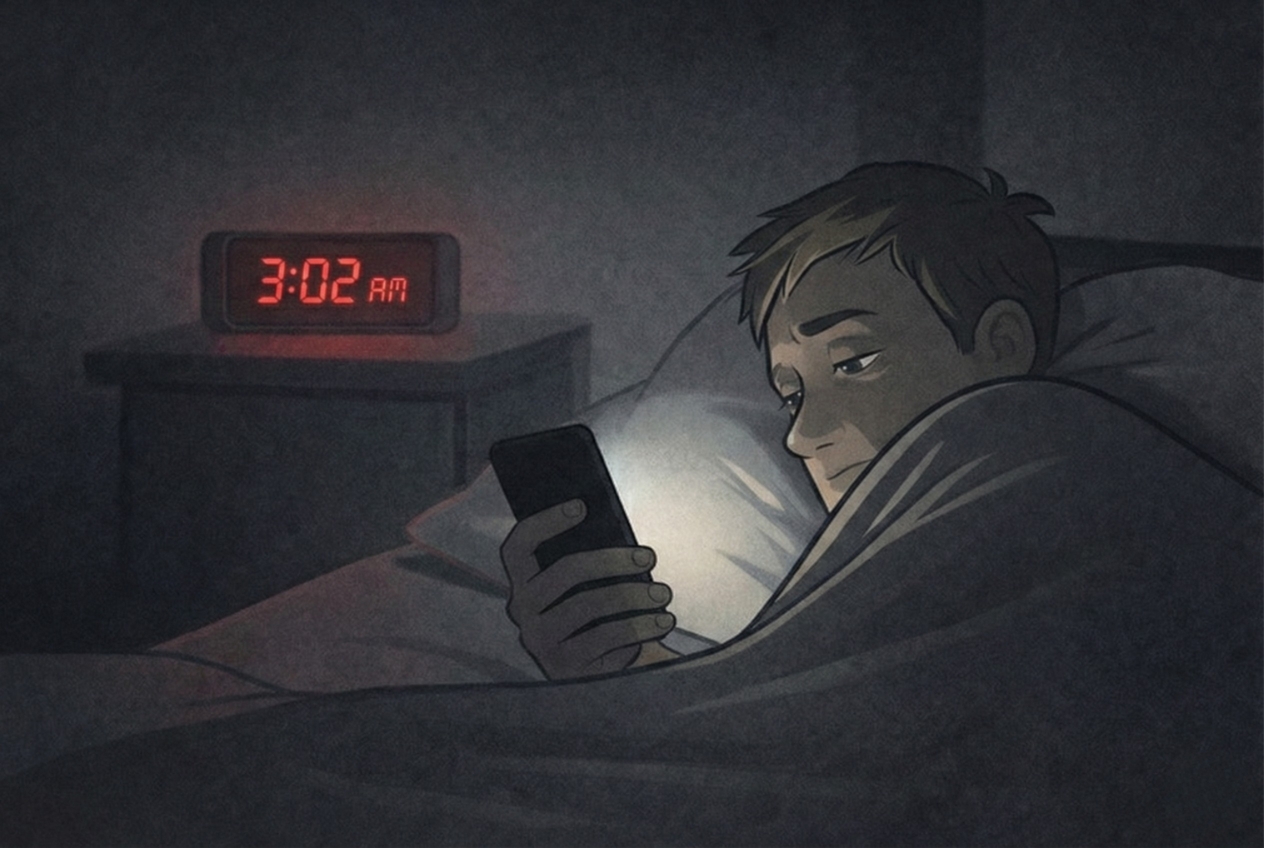 Person in bed looking at phone, digital clock shows 3:02 AM.