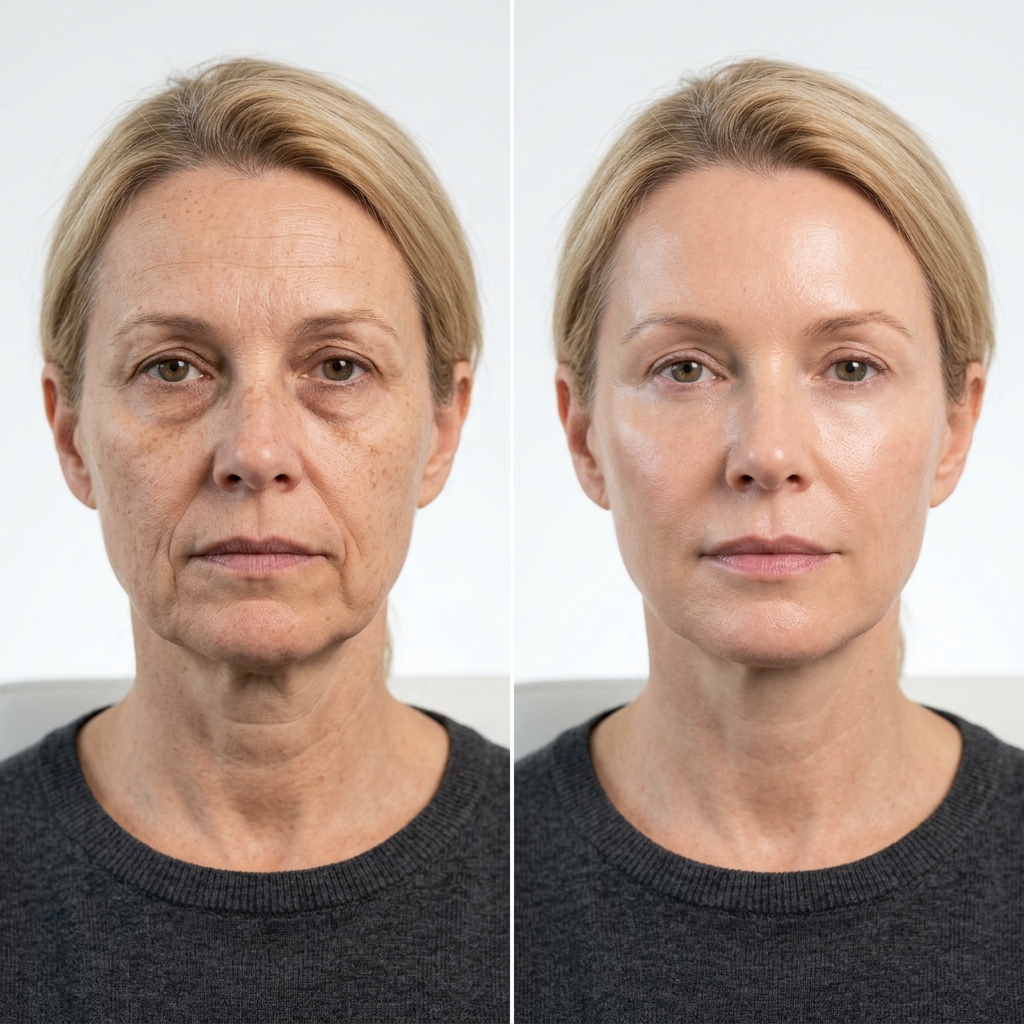 Before and after photos of a woman's face, showing a reduction in wrinkles and age spots.