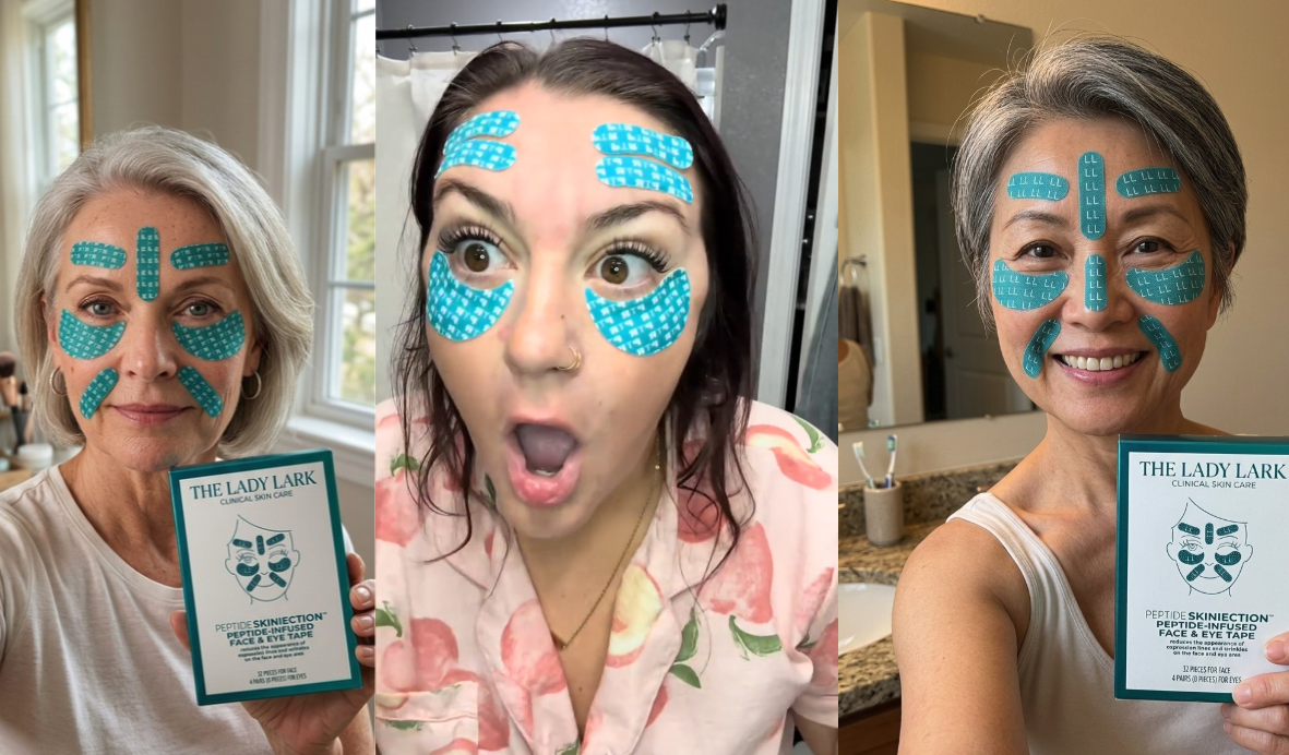 A triptych of three women using blue patterned facial tape, two holding the product box.