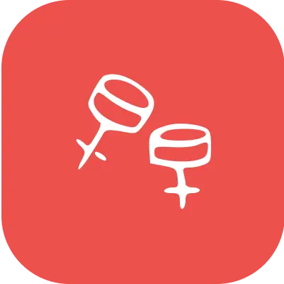 Two white wine glasses icon on a red background.