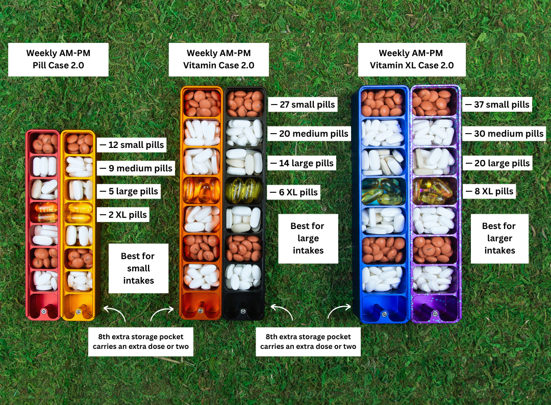 Four pill cases with various pill sizes on grass background.