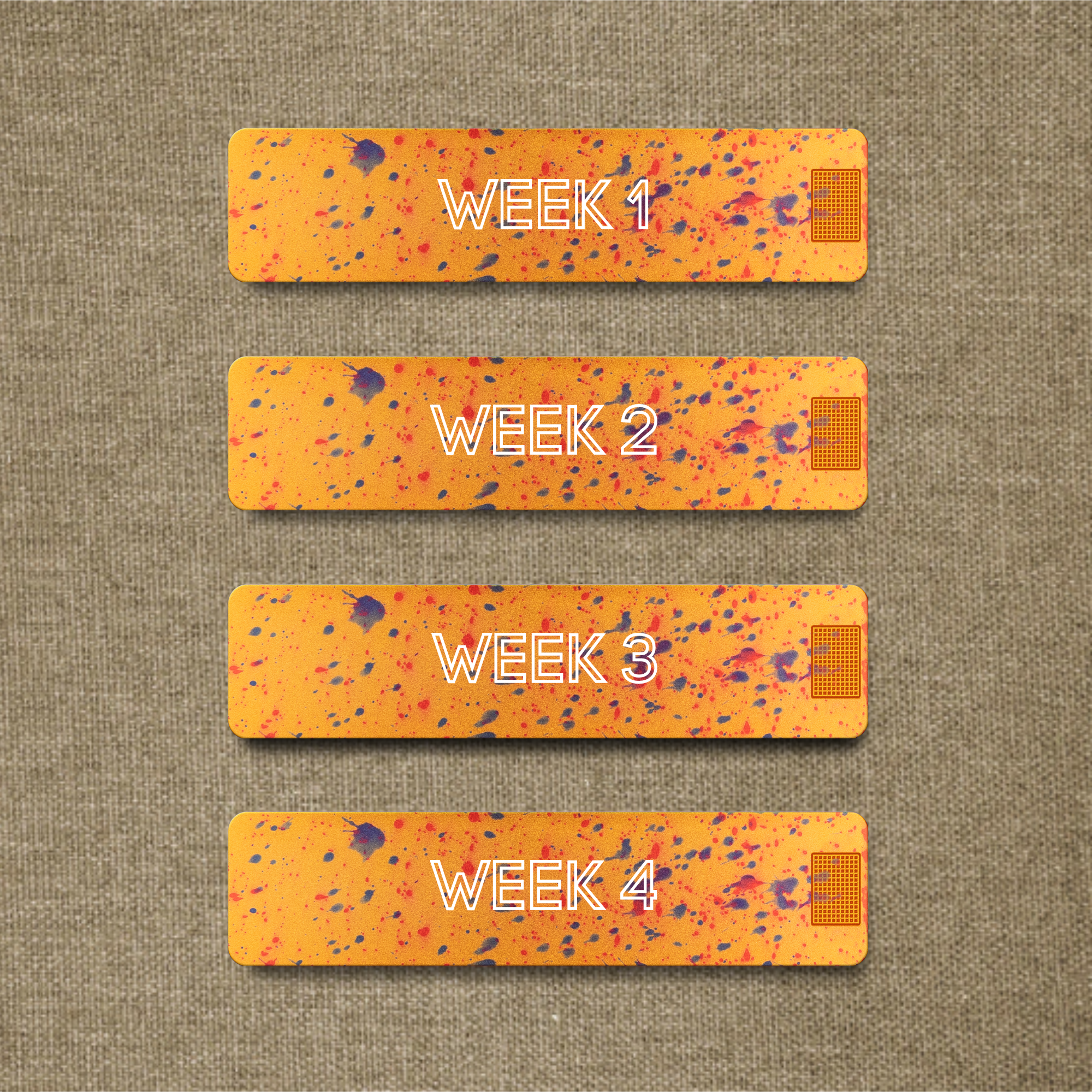 Four orange, paint-splattered horizontal bars labeled Week 1 through Week 4, on a textured burlap background.