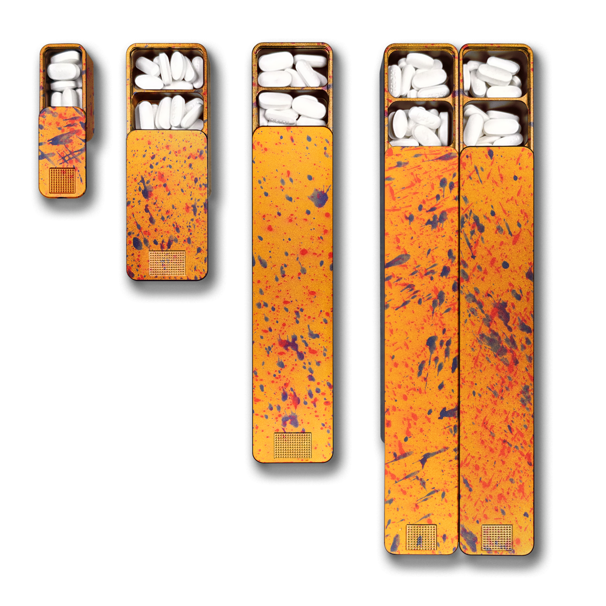Four orange, paint-splattered pill cases of varying sizes, open to reveal white pills against a white background.