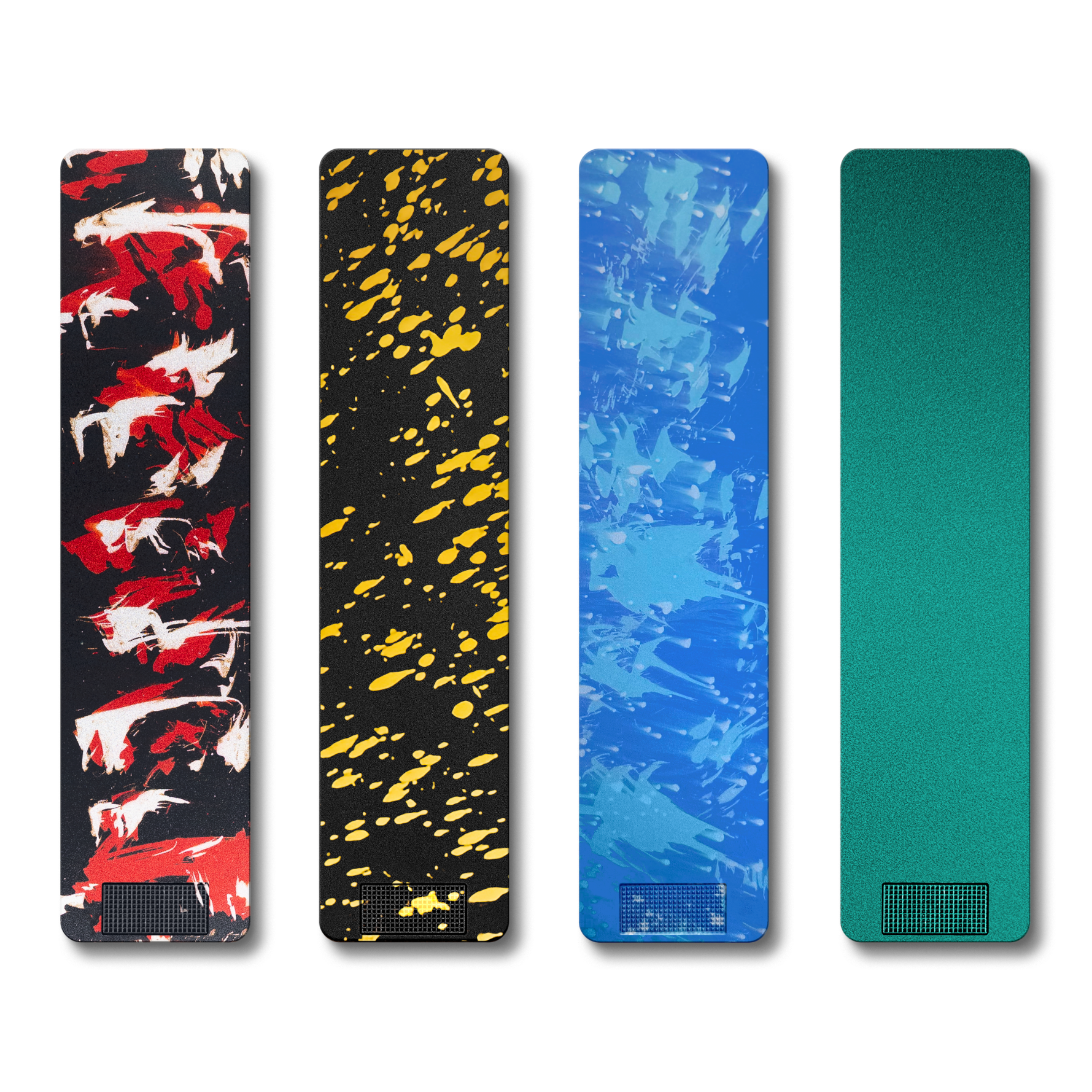 Four vertical colorful panels with abstract patterns on a black background.