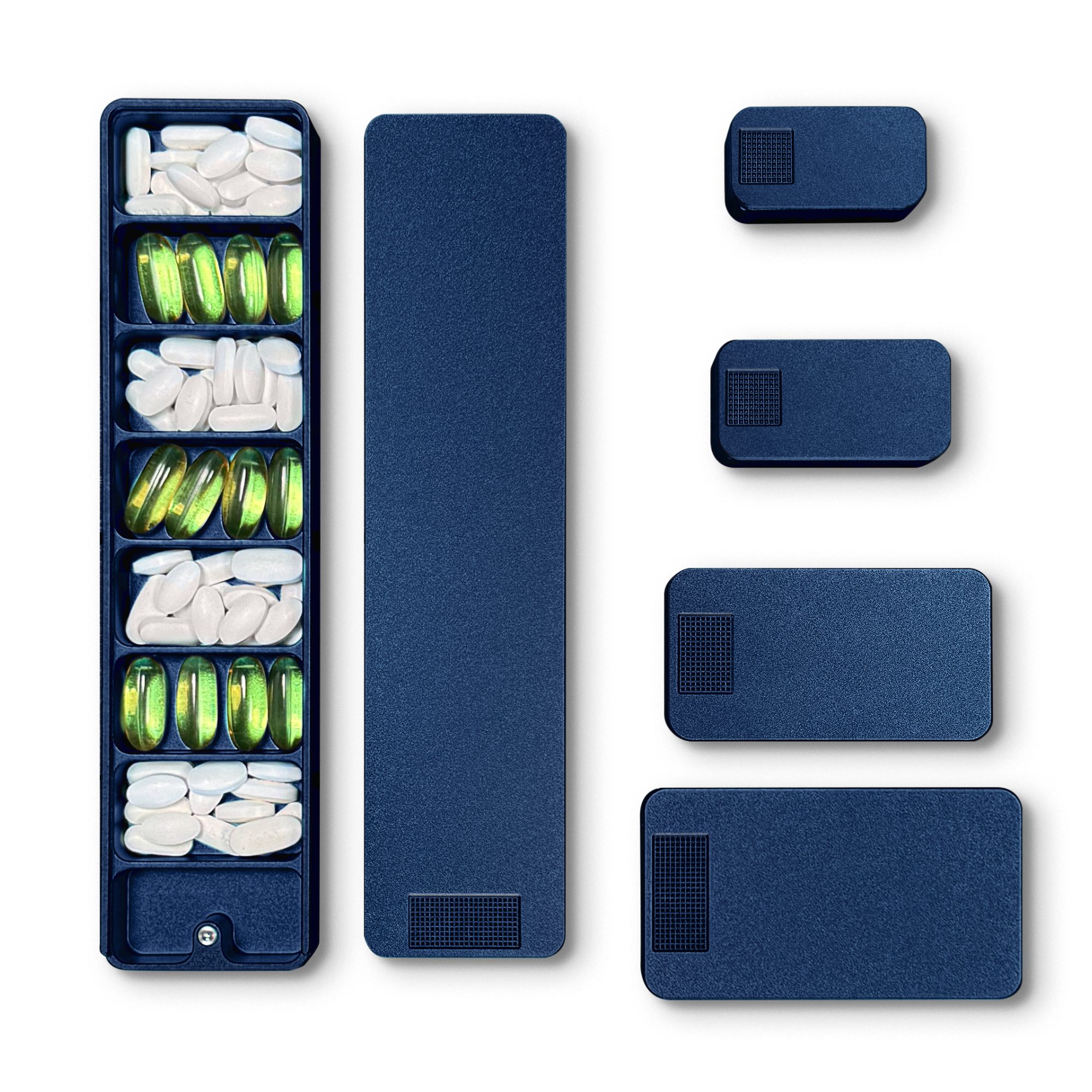 An open blue pill organizer filled with pills and capsules, displayed next to its various lids.
