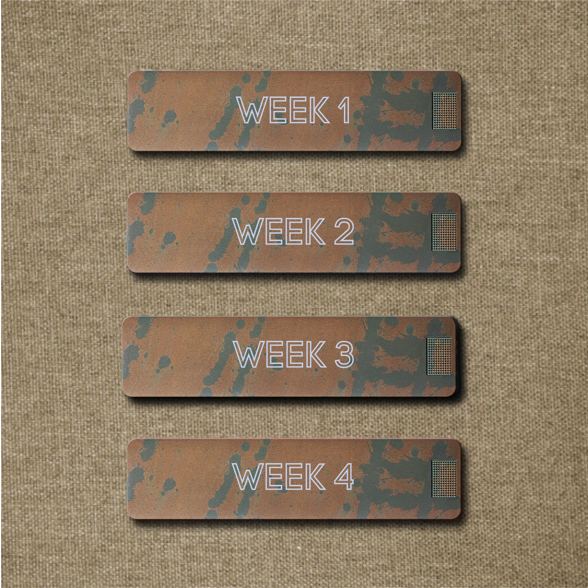 Four rusted metal-style buttons labeled Week 1 through Week 4, set against a brown, burlap-textured background.
