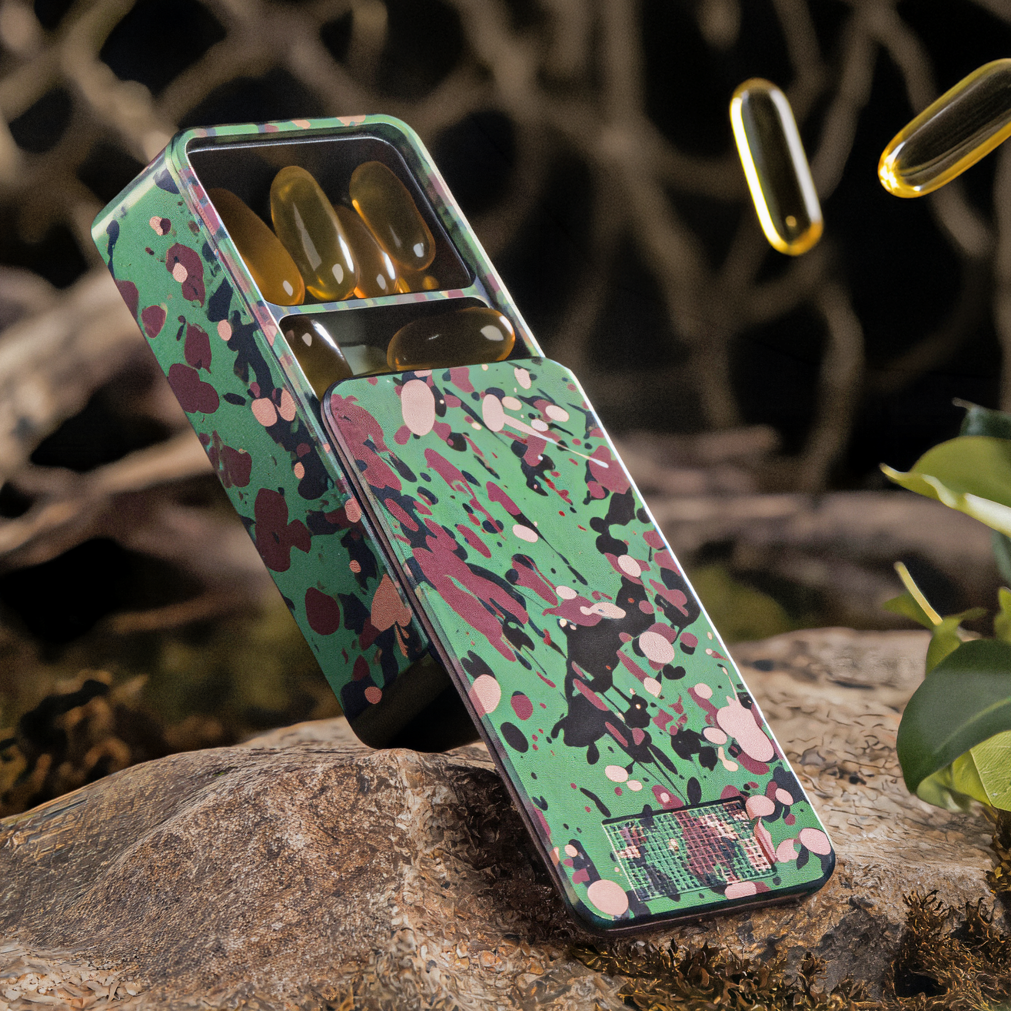 An open camouflage-patterned pill case with yellow softgel capsules resting on a rock in a natural setting.