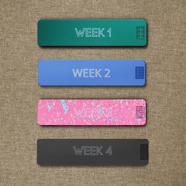 Four colored labels reading Week 1 to Week 4 on a textured background.