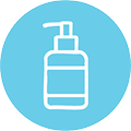 A white line icon of a pump dispenser bottle on a light blue circular background.