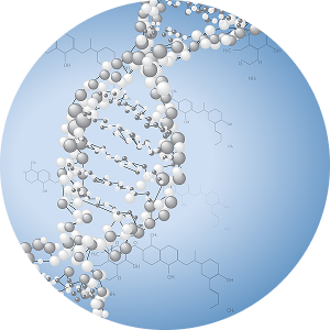 A stylized illustration of a DNA double helix on a blue circular background with chemical diagrams.